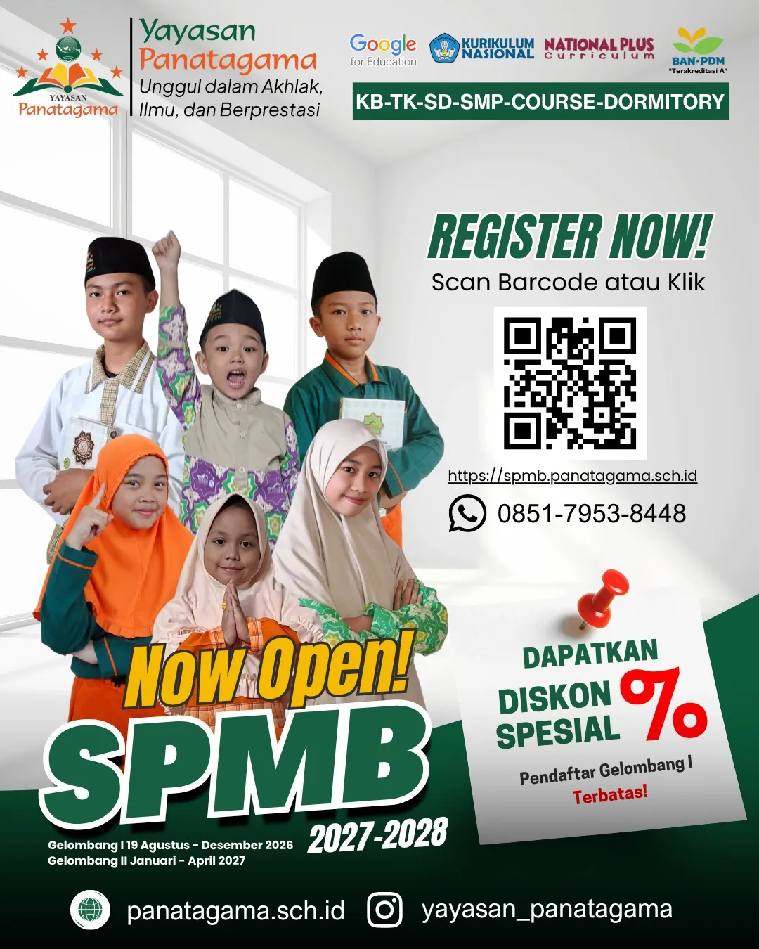 Flyer pendaftaran SPMB Panatagama Islamic School tahun ajaran 2027–2028